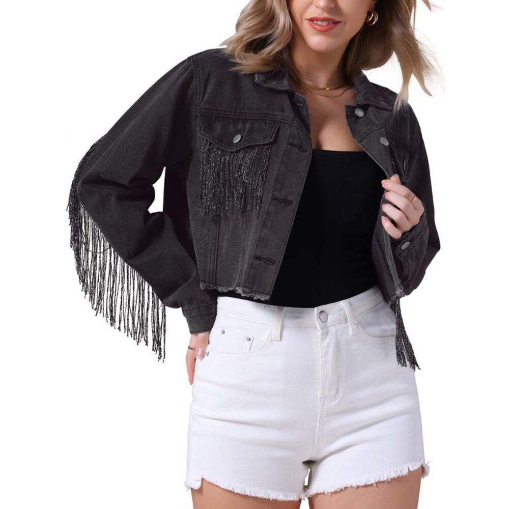 Cropped Long Sleeve Tassel Trim Frayed Hem Fringe Denim Jacket Black